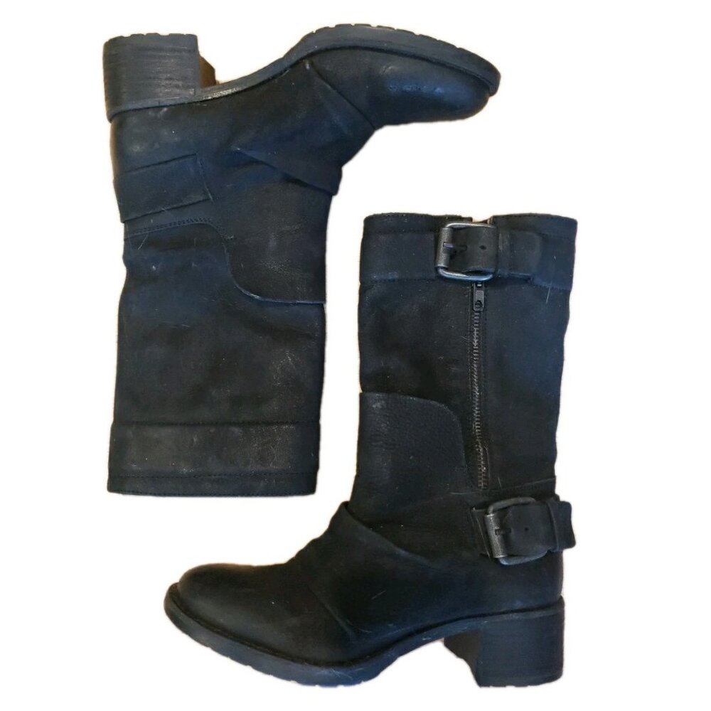 Vera Wang Lavender Boots Black Suede Leather Mid Calf Buckle Zip Sz 8.5 Biker